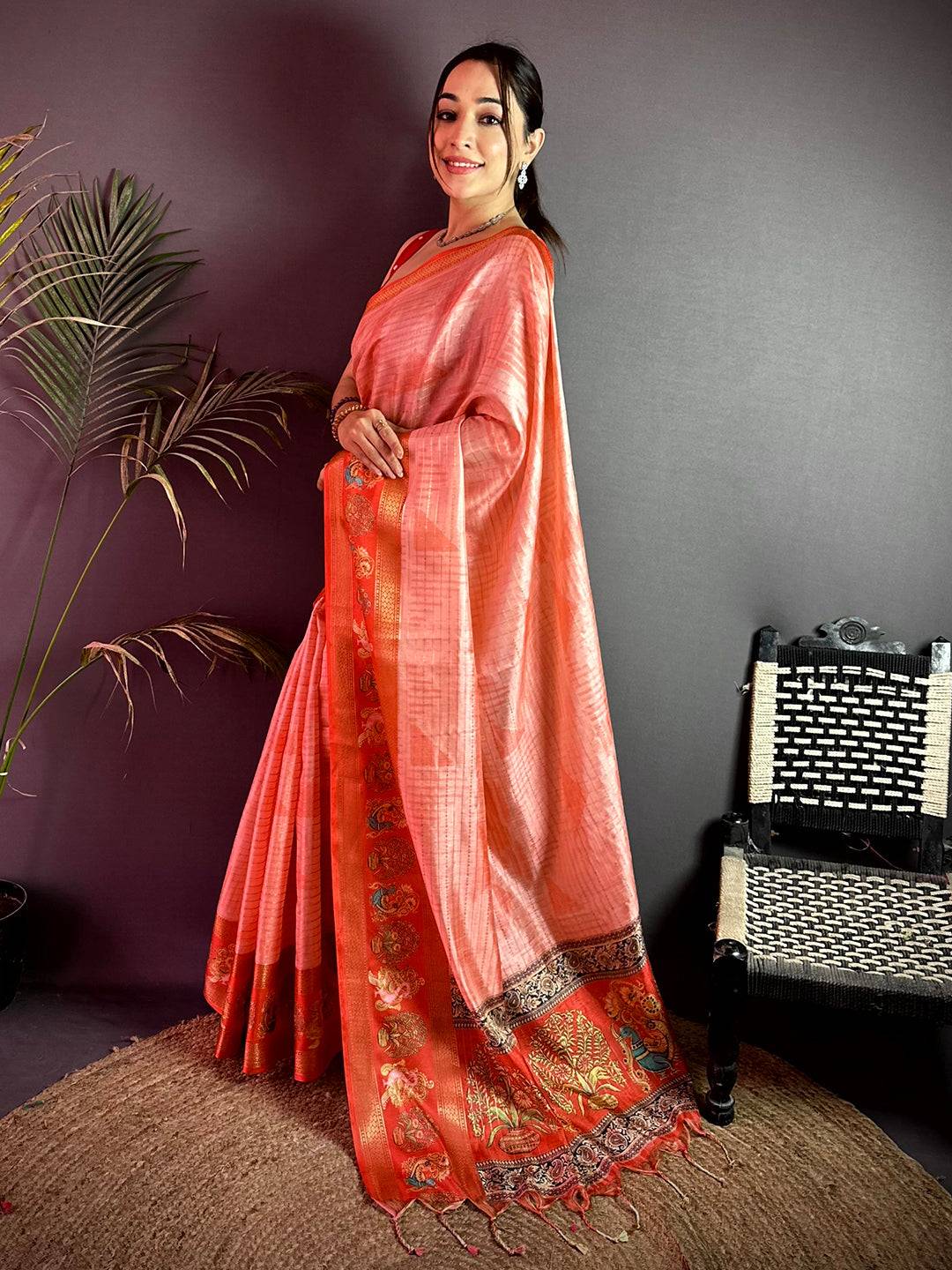 Artistic Tanjore Geometric Semi Silk Saree