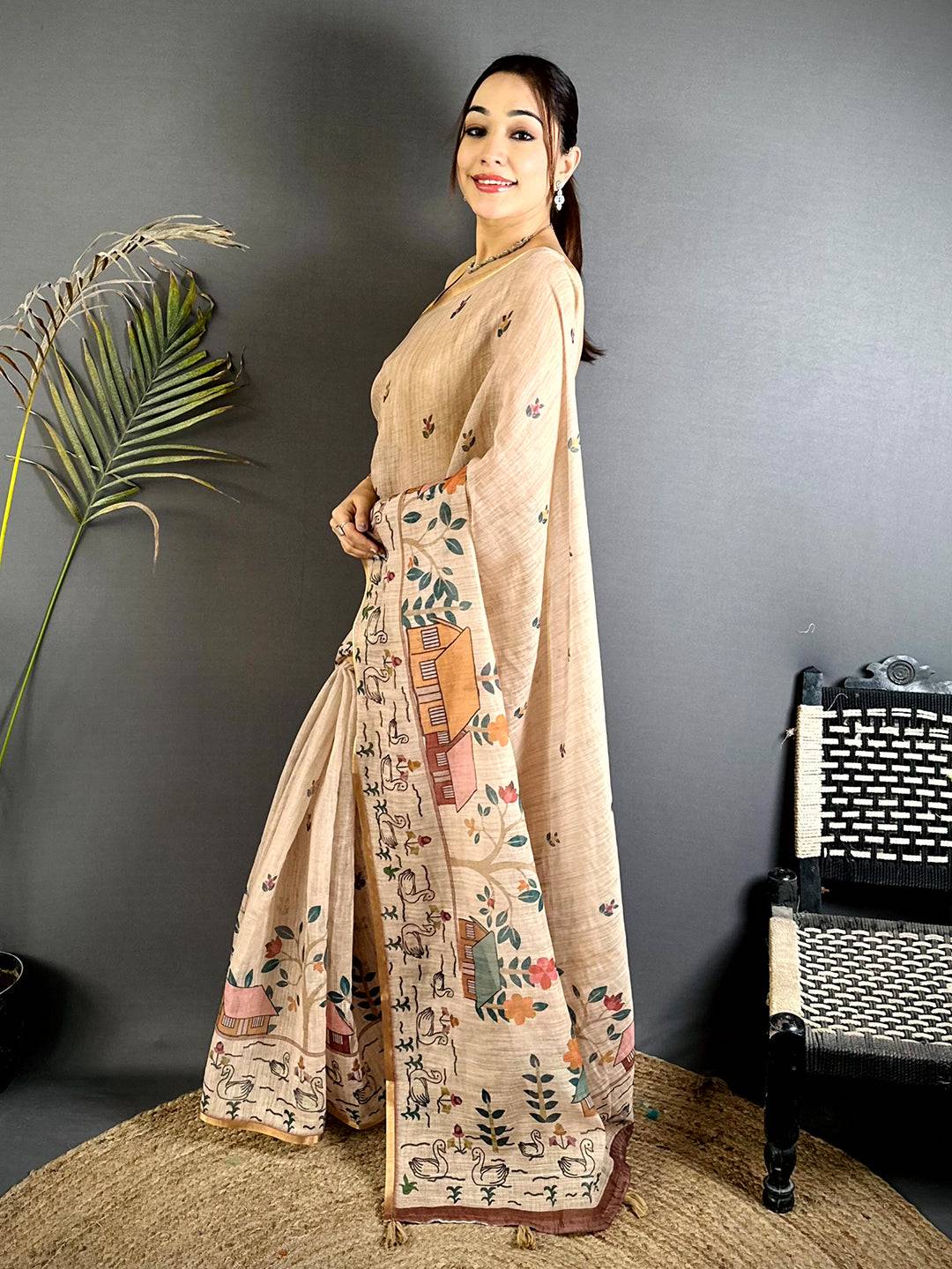 Peach Kalamkari Madhubani Print Saree