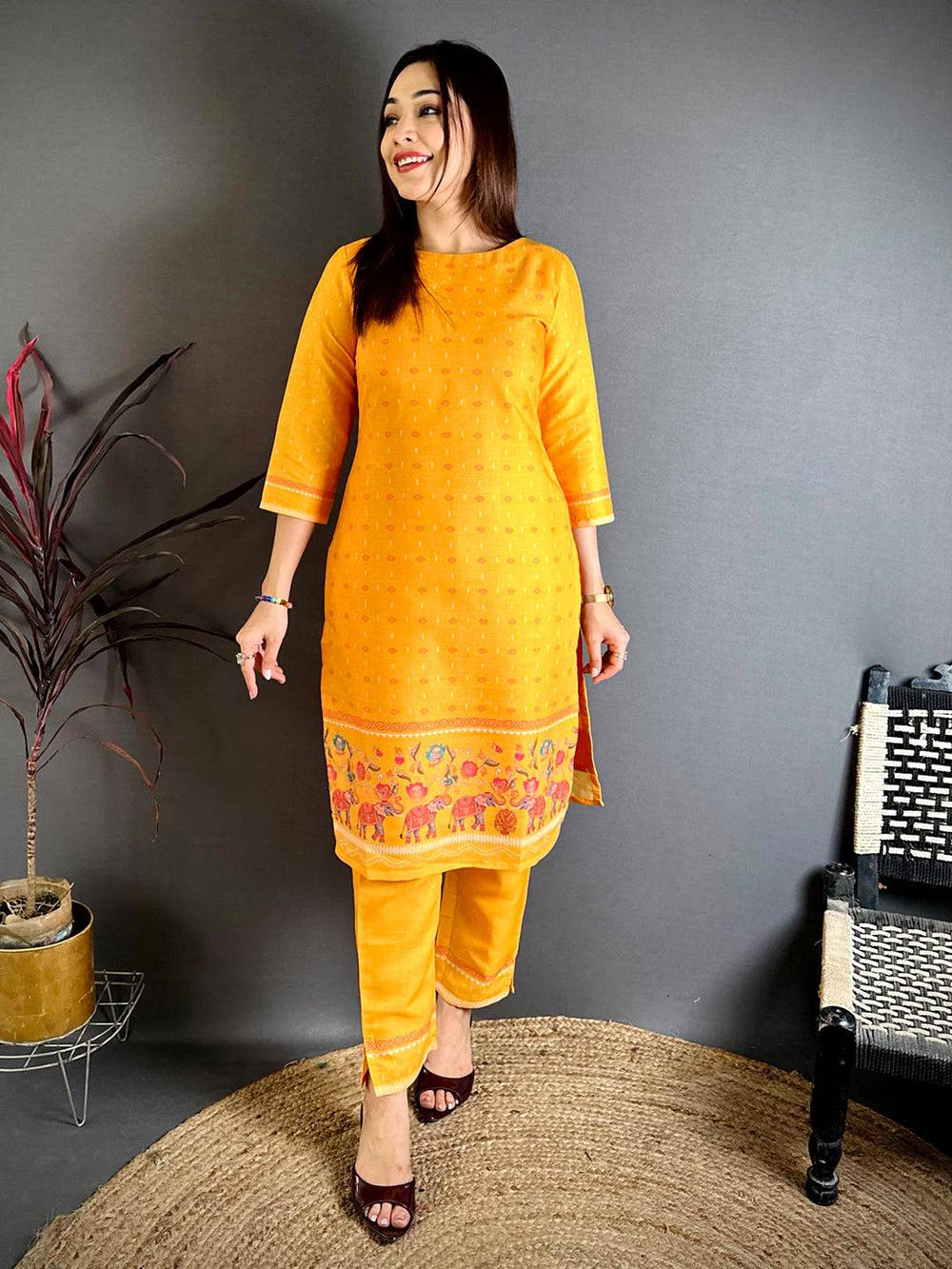 Floral  Boat  Neck  Mul  Kurti