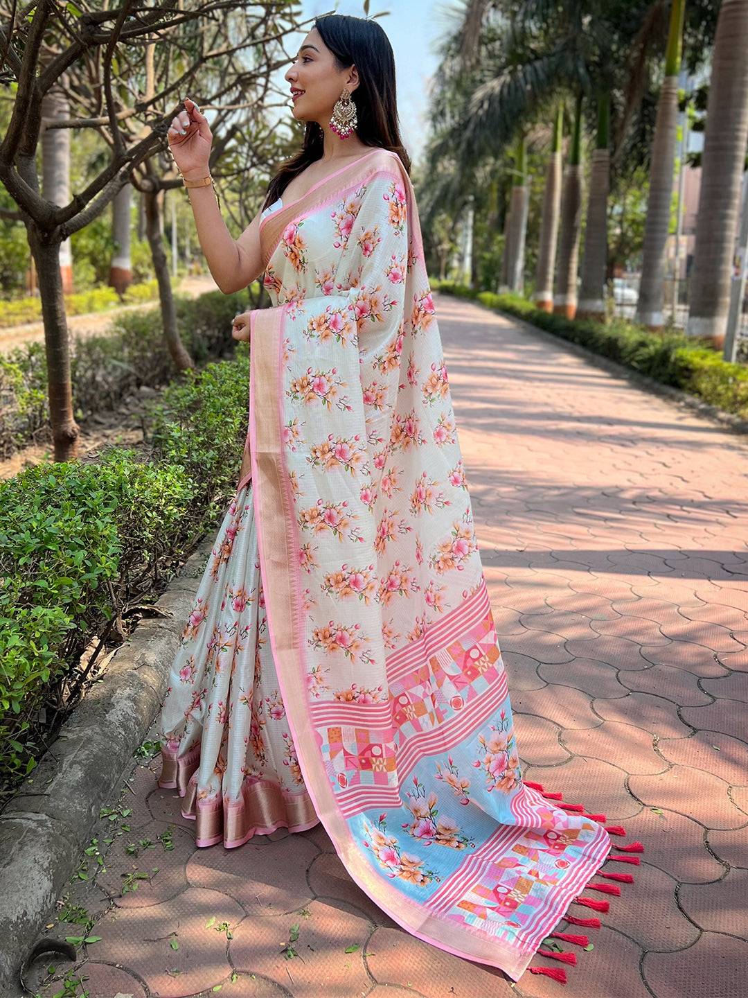Light Peach Kota With Digital Floral Printed Saree