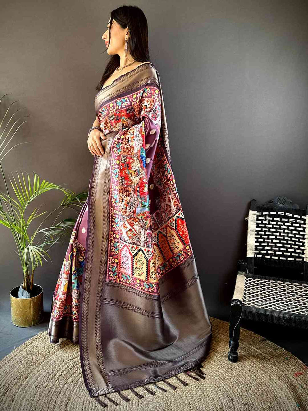 Wine Mughal Kalamkari Print Pashmina Saree