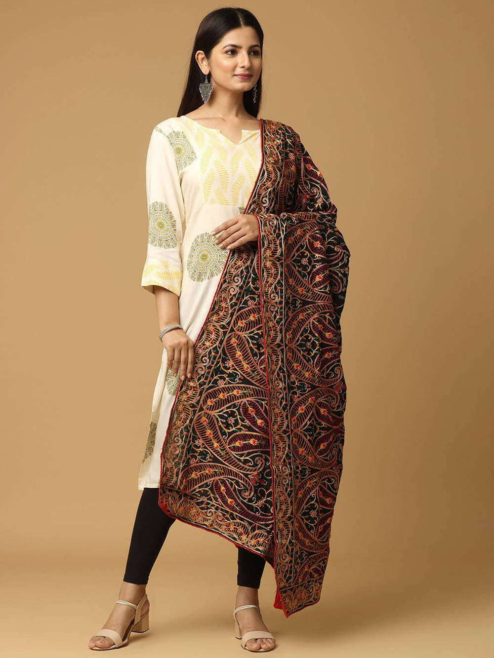 Black Deep Floral Rust Pashmina Dupatta