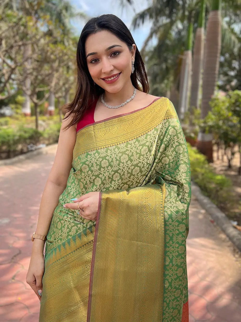Pista Colour One Gram Gold Tissue Saree With Jacquard Woven Work