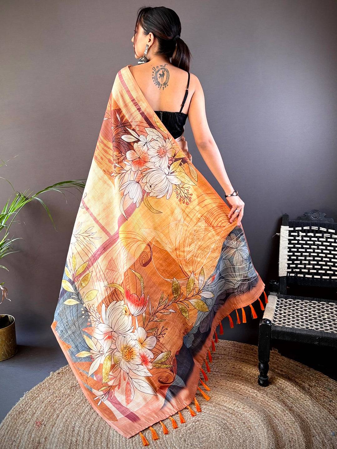 Light Orange Semi Zari Tussar Floral Saree