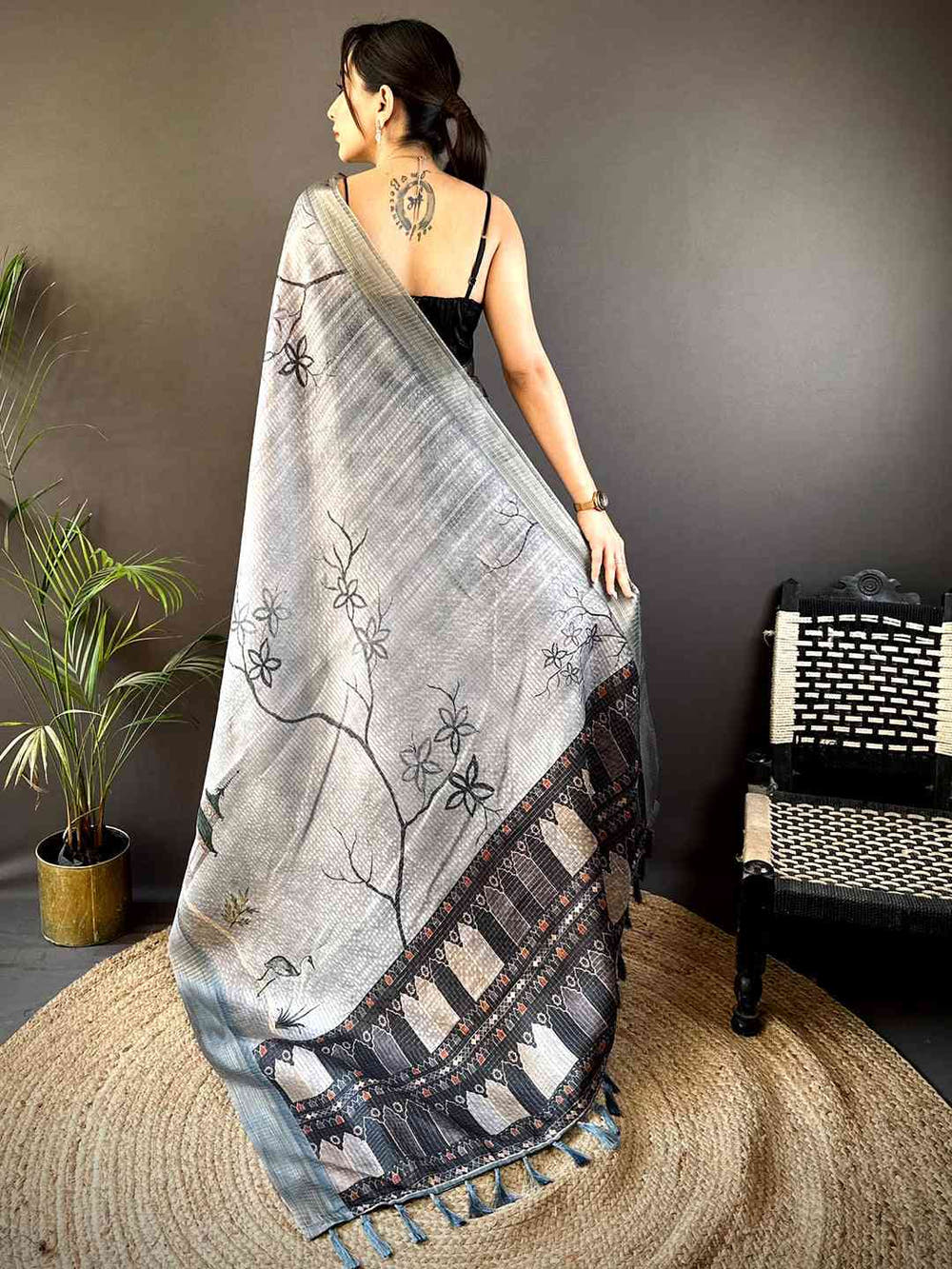 Slate Grey Tussar Chex Japanese Print Saree