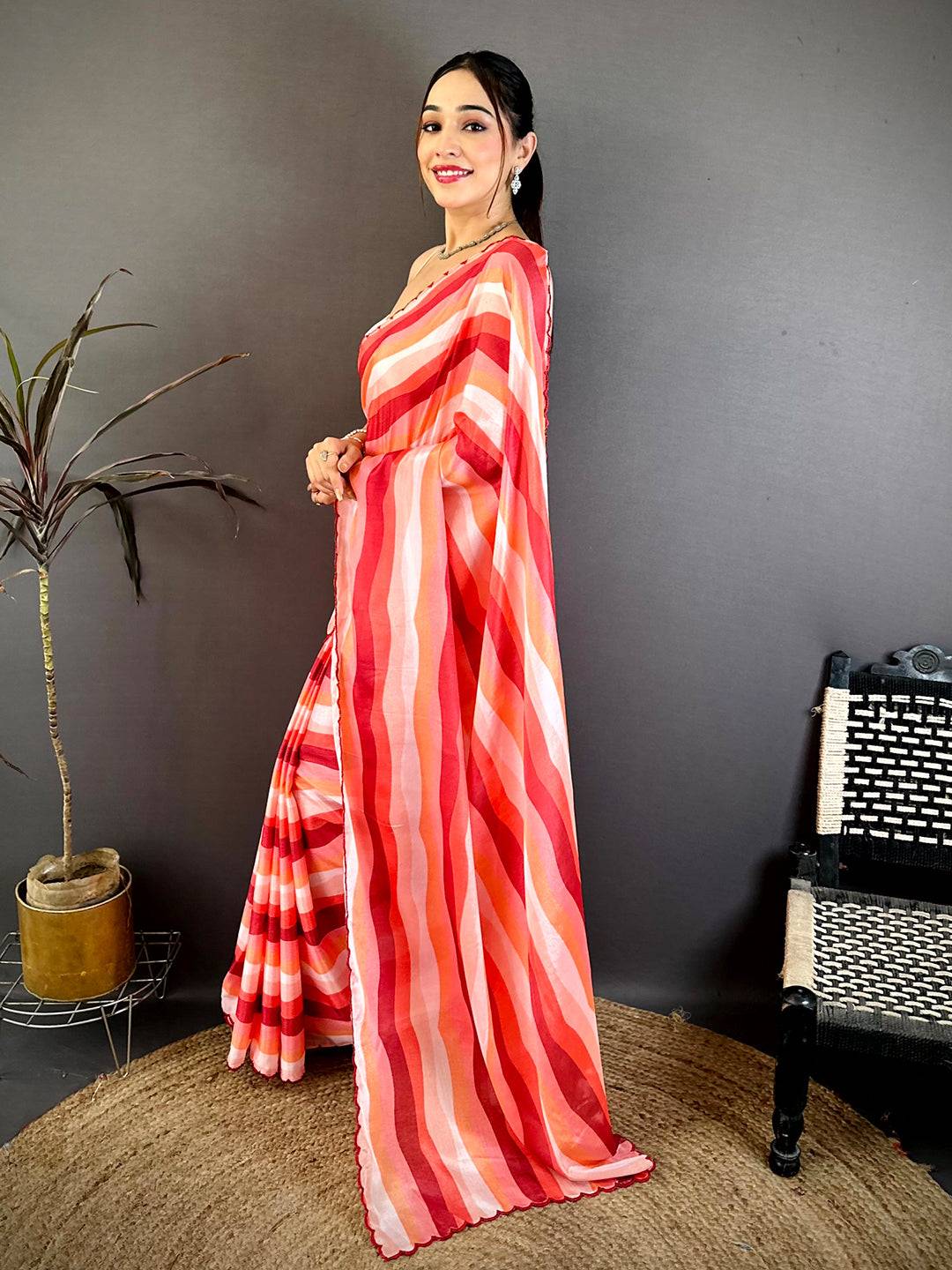Royal Soft Chiffon Striped Cutwork Saree