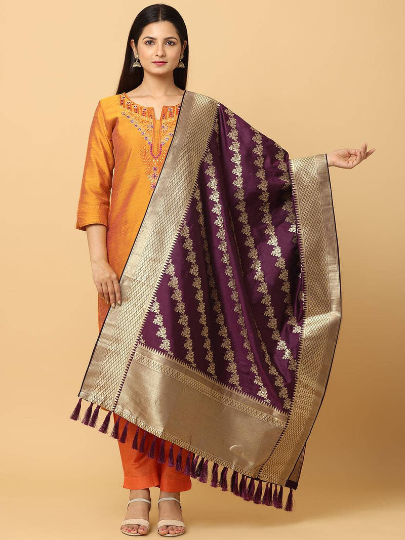 Wine Colour Woven Design Dupatta