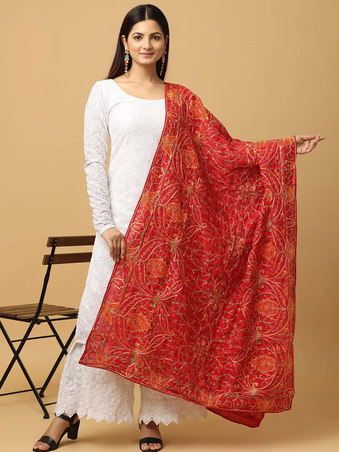 Red Fine Orange Floral Pashmina Dupatta