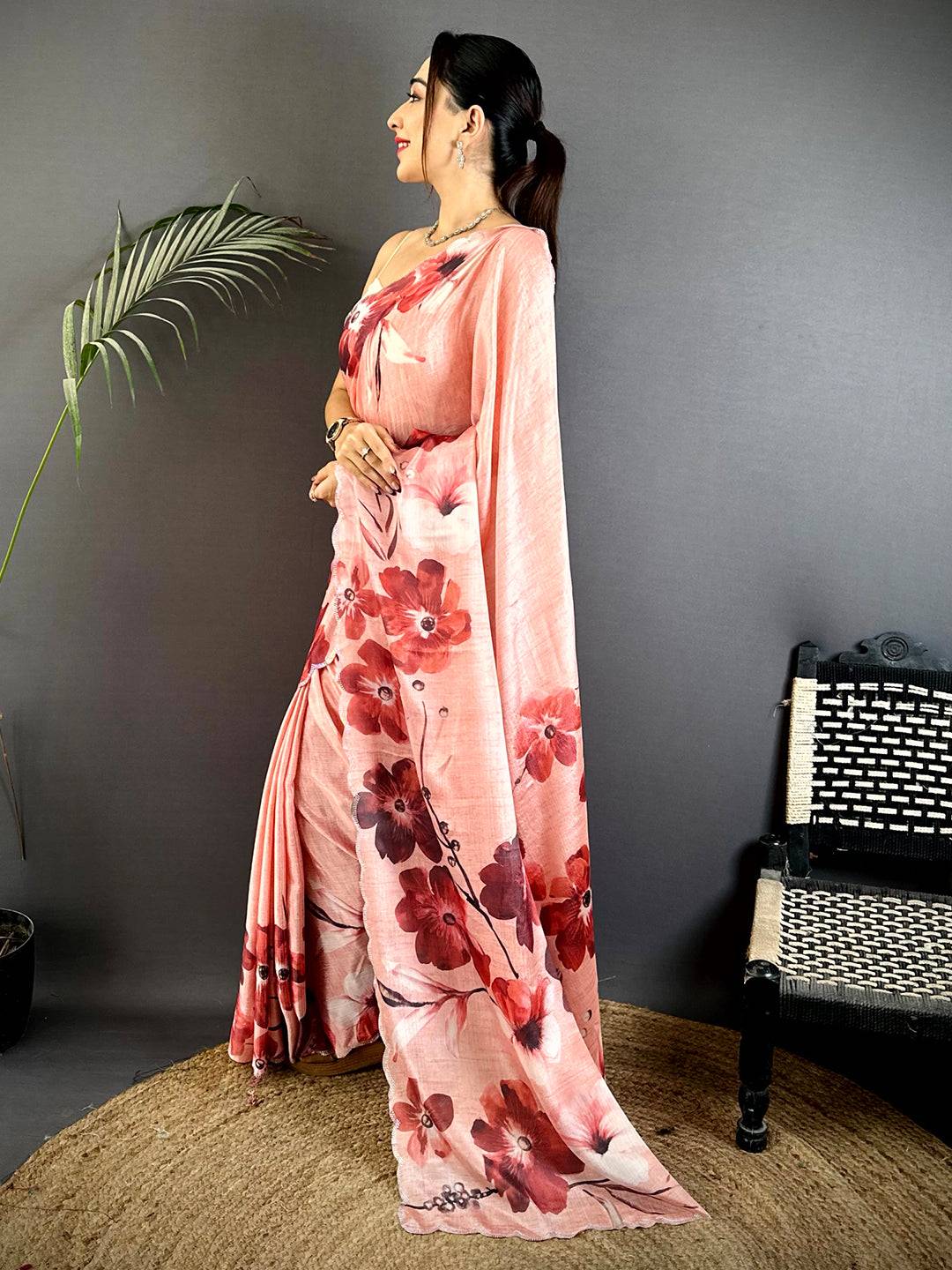 Pink Chinnon Stone Work Floral Saree