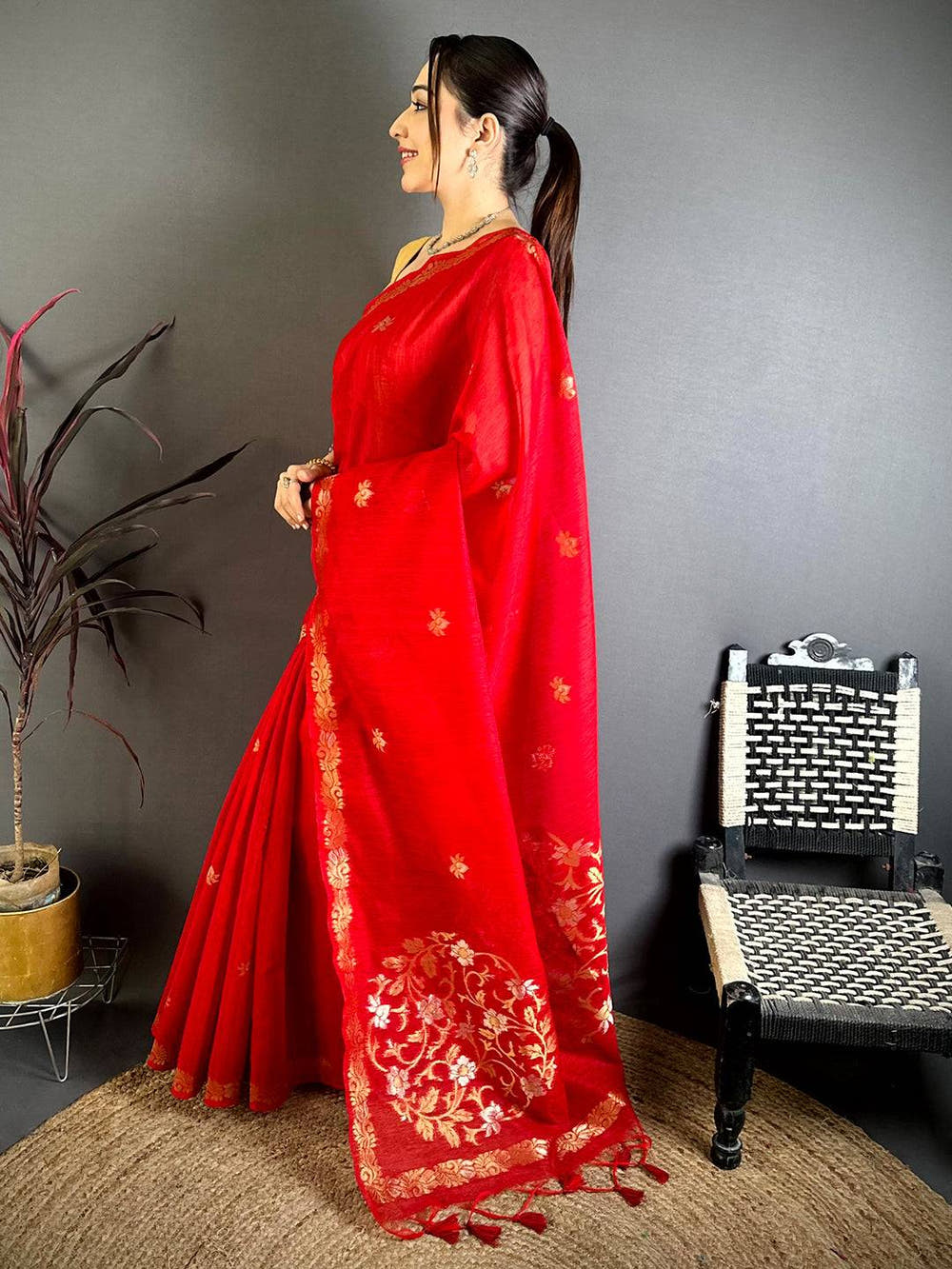 Red Sona Chandi Muga Cotton Saree