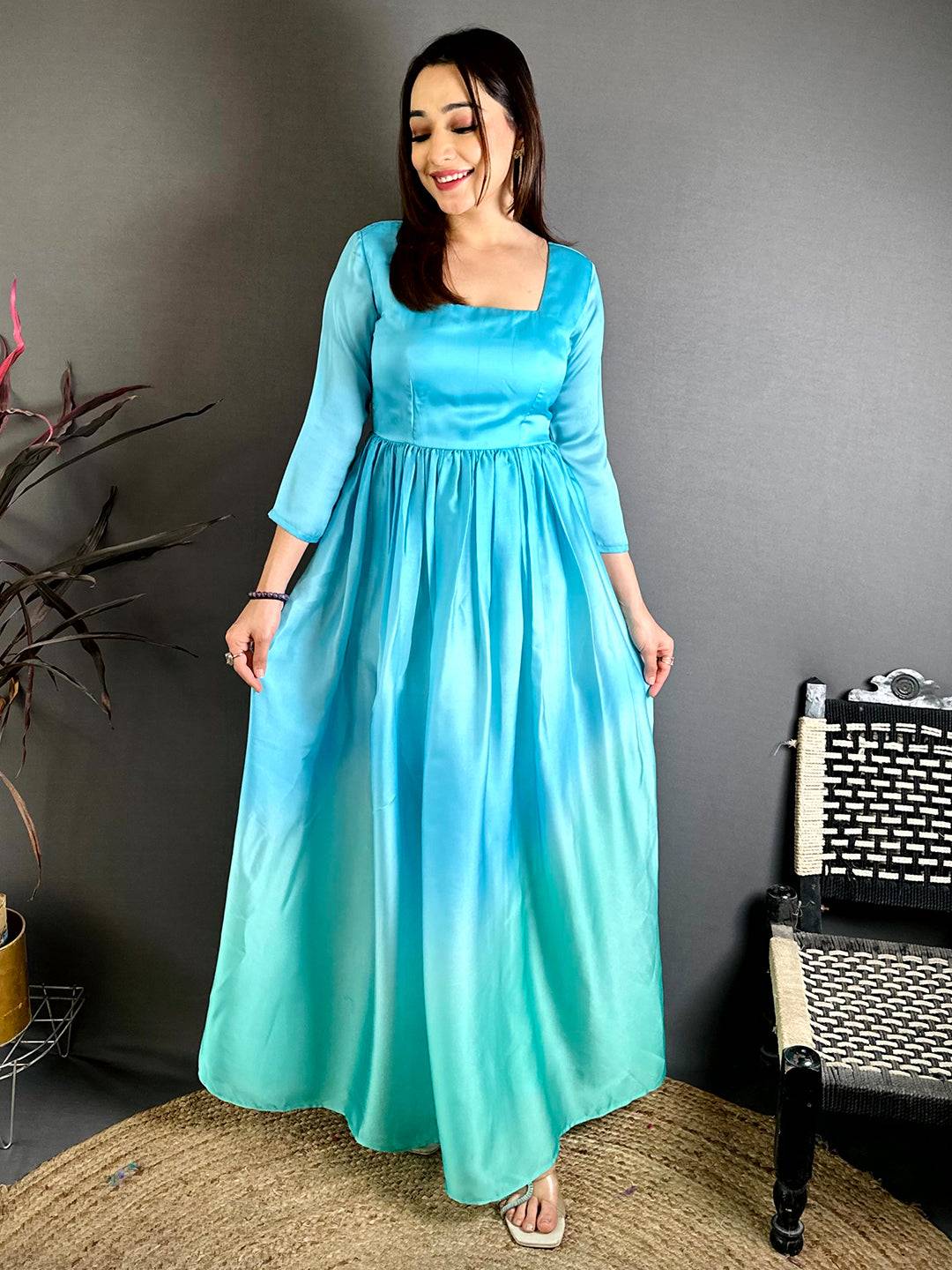 Royal Square Neck  Satin  Dress