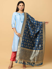 Woven Design Teal Silk Blend Dupatta With Resham Tassels