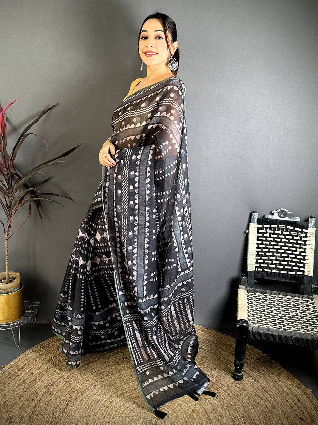 Artistic Ajrakh Print Linen Saree