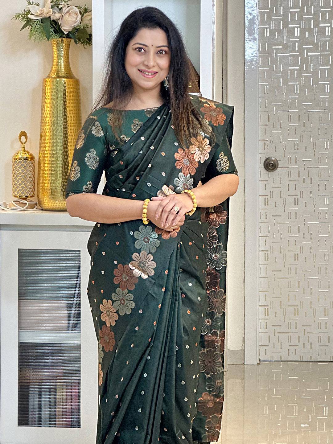 Dark Green Soft Silk Zari Woven Saree