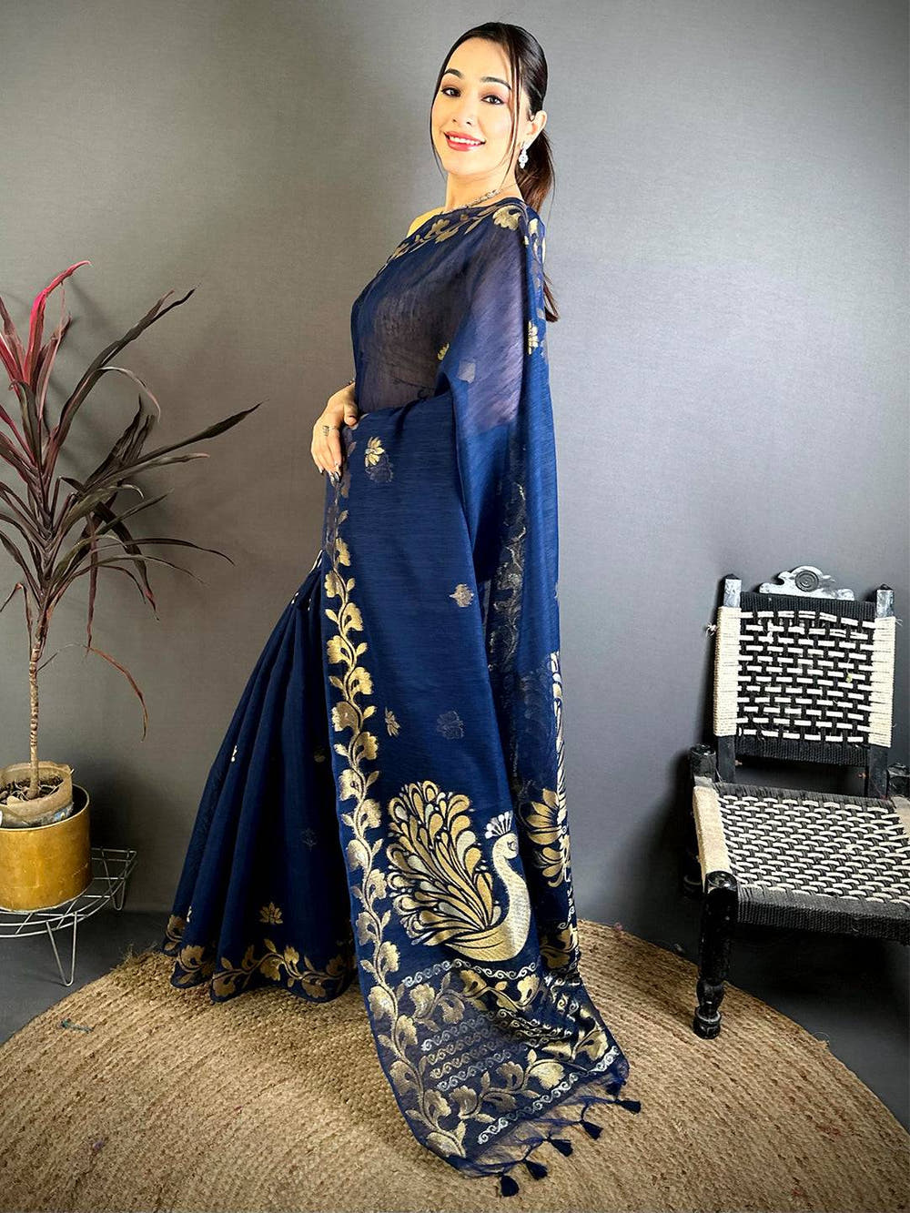 Navy Peacock Zari  Munga  Saree