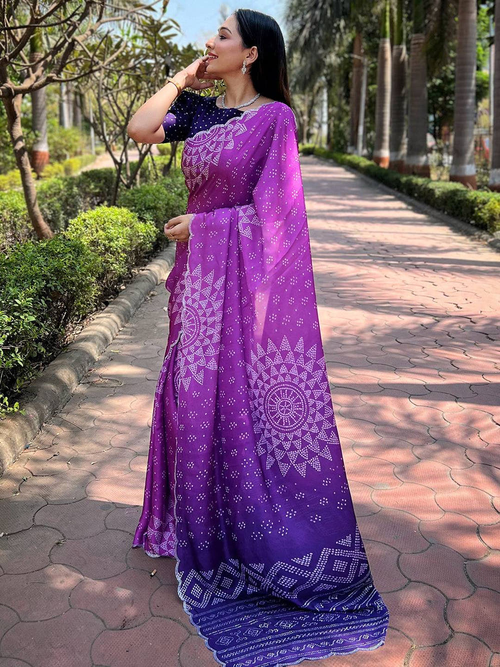 Purple Ombre Bandhej Georgette Silk Saree