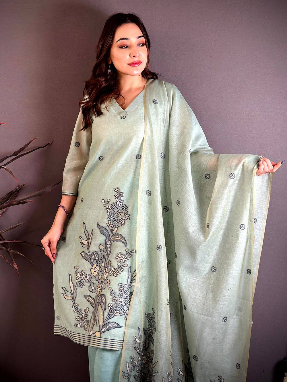 Sage  Green  Floral  Weave  Dress