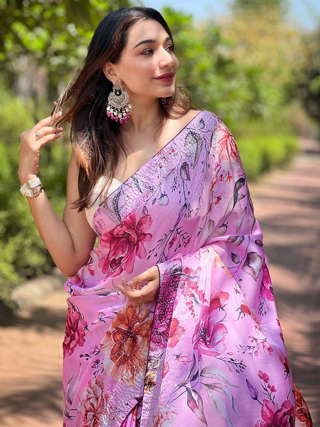 Satin Georgette Pink Floral Digital Print Saree