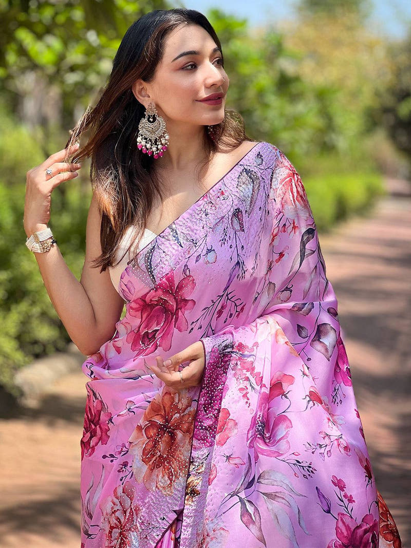Satin Georgette Pink Floral Digital Print Saree