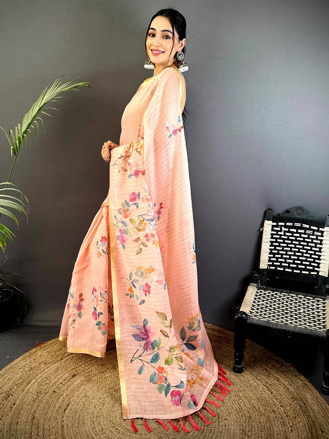 Peach Linen Chex Floral  Saree