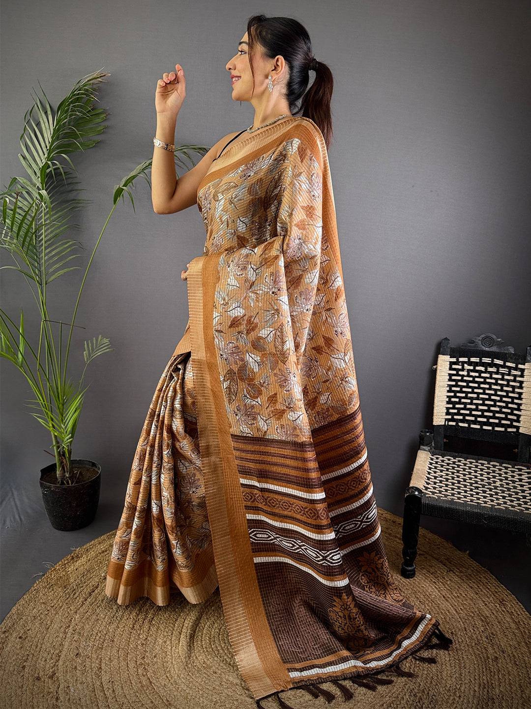Camel Brown Tussar Chex Floral Print Saree