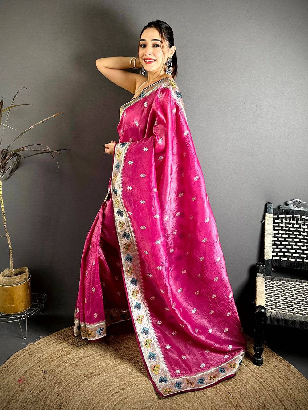 Pink Crush Silk Zari Embroidered Saree