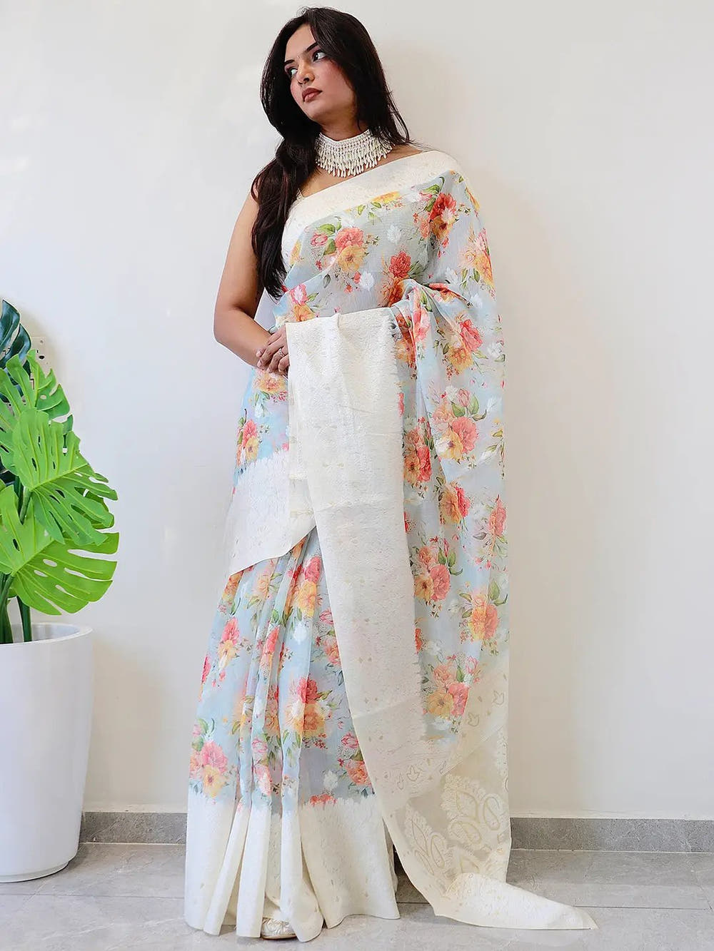 Multi Colour Digital Print Bollywood Saree in Lakhnavi Slub Pattern
