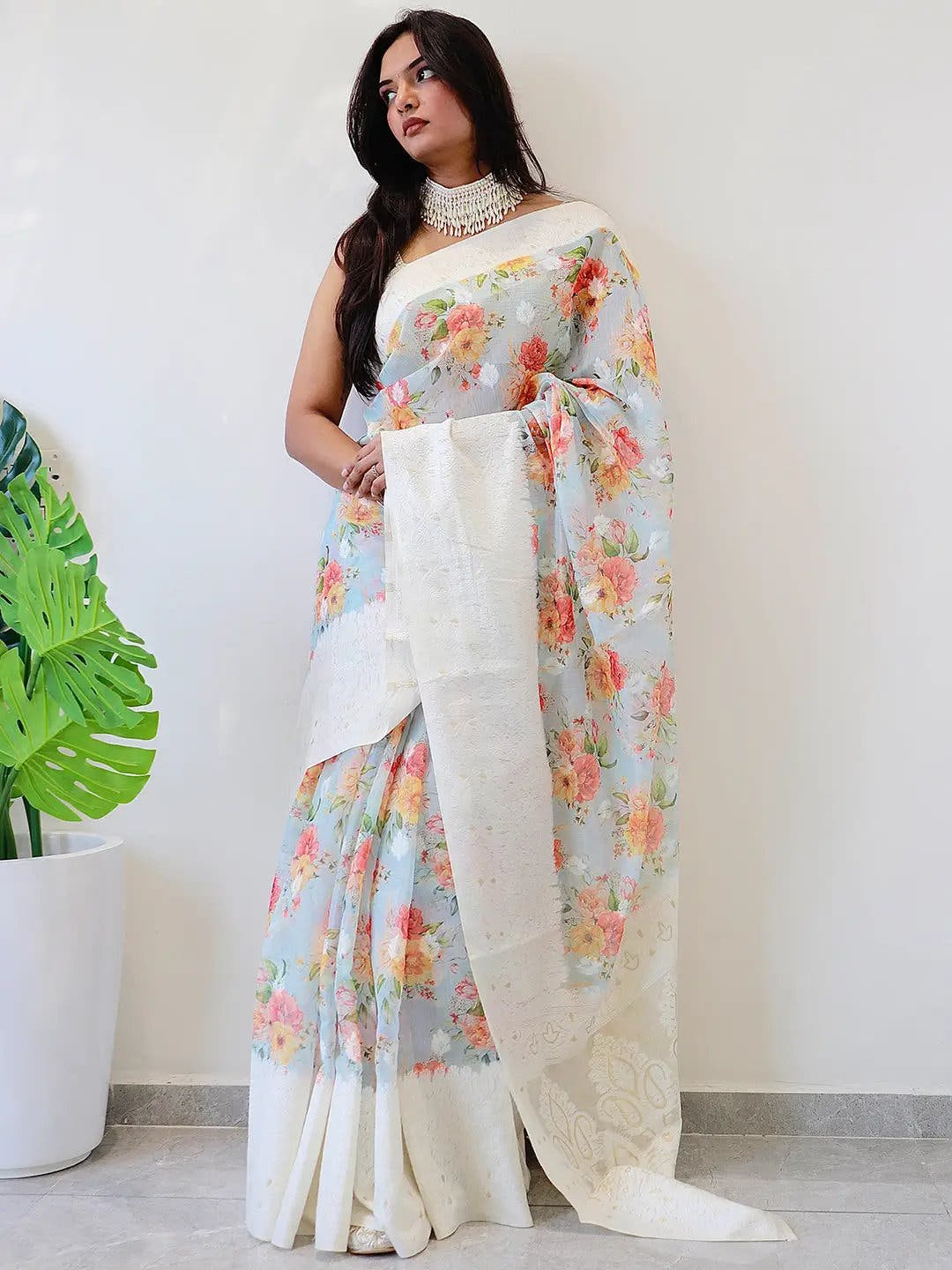 Multi Colour Digital Print Bollywood Saree in Lakhnavi Slub Pattern