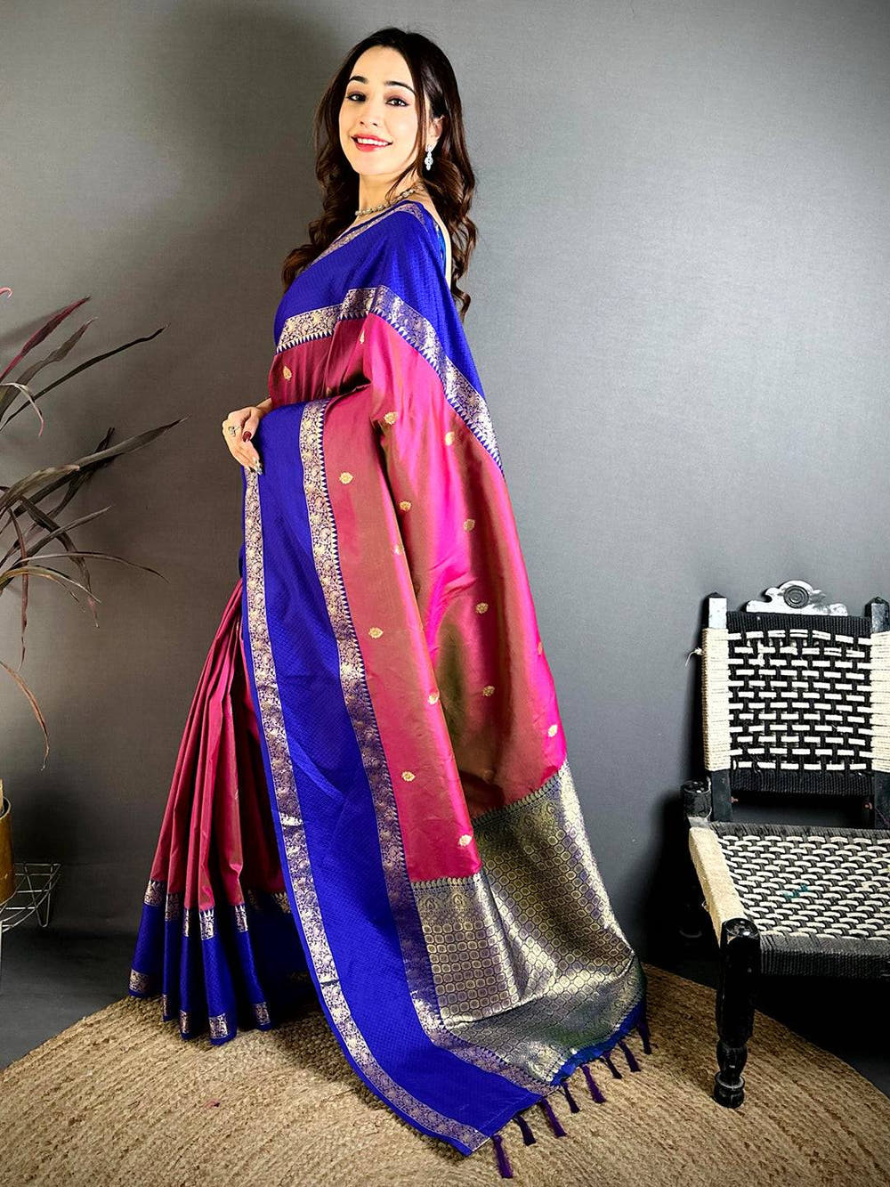 Wine  Dual  Tone  Gadwal  Saree