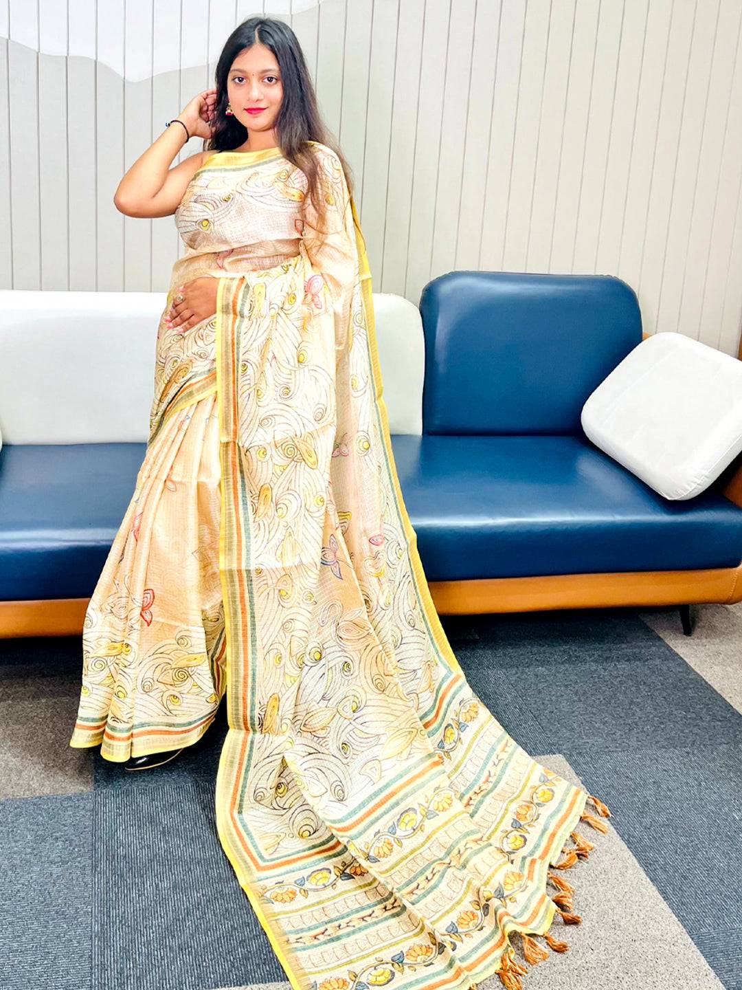 Yellow Kota Doriya Silk Saree With Floral Kalamkari Print
