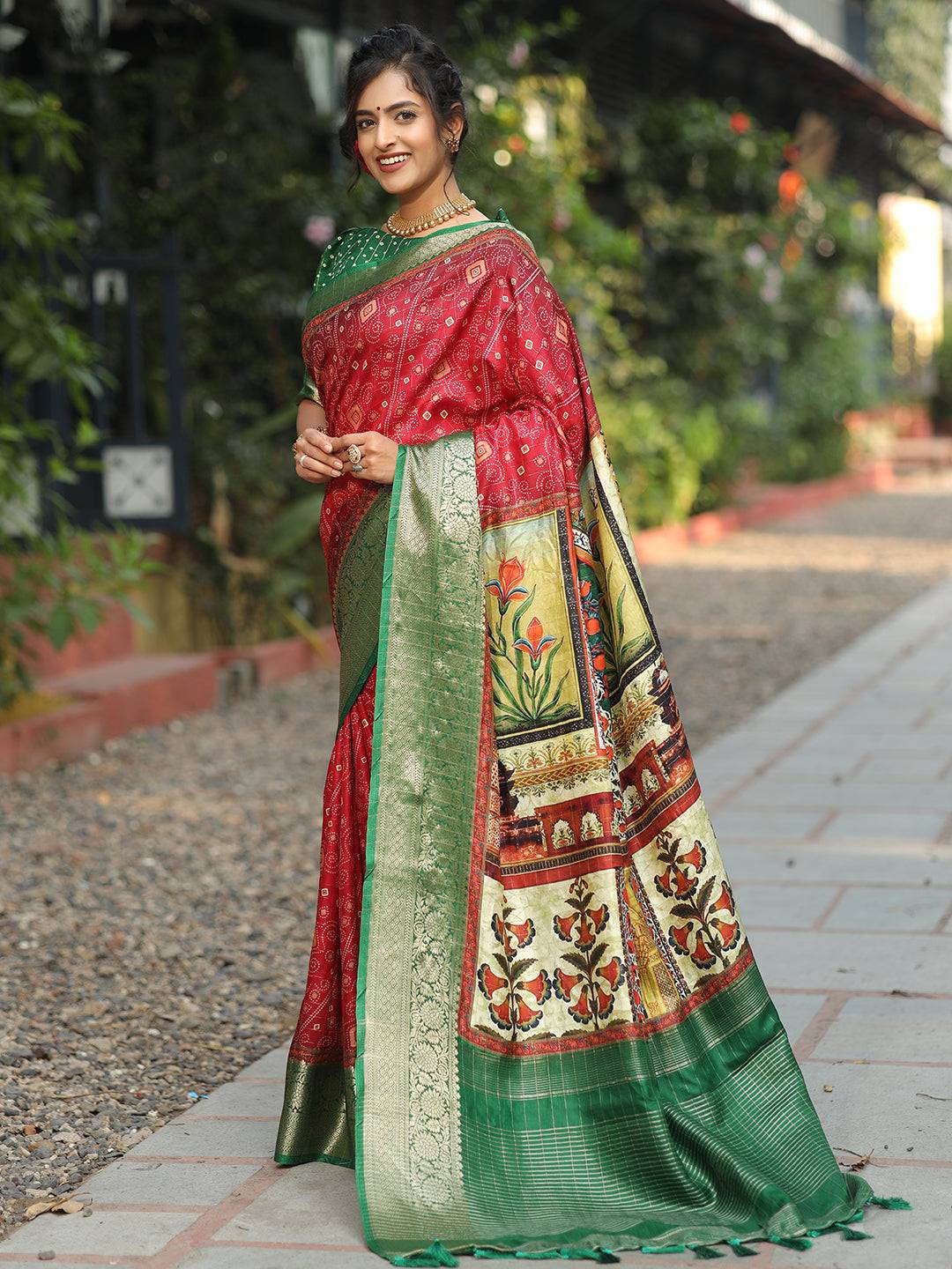 Red Colour Pure Viscose Dola Silk Saree With Mughal Motifs - Luxe
