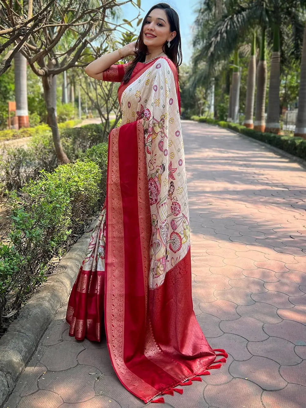 Chiku Colour Double Border Chex Weaving Banarasi Soft Silk Saree