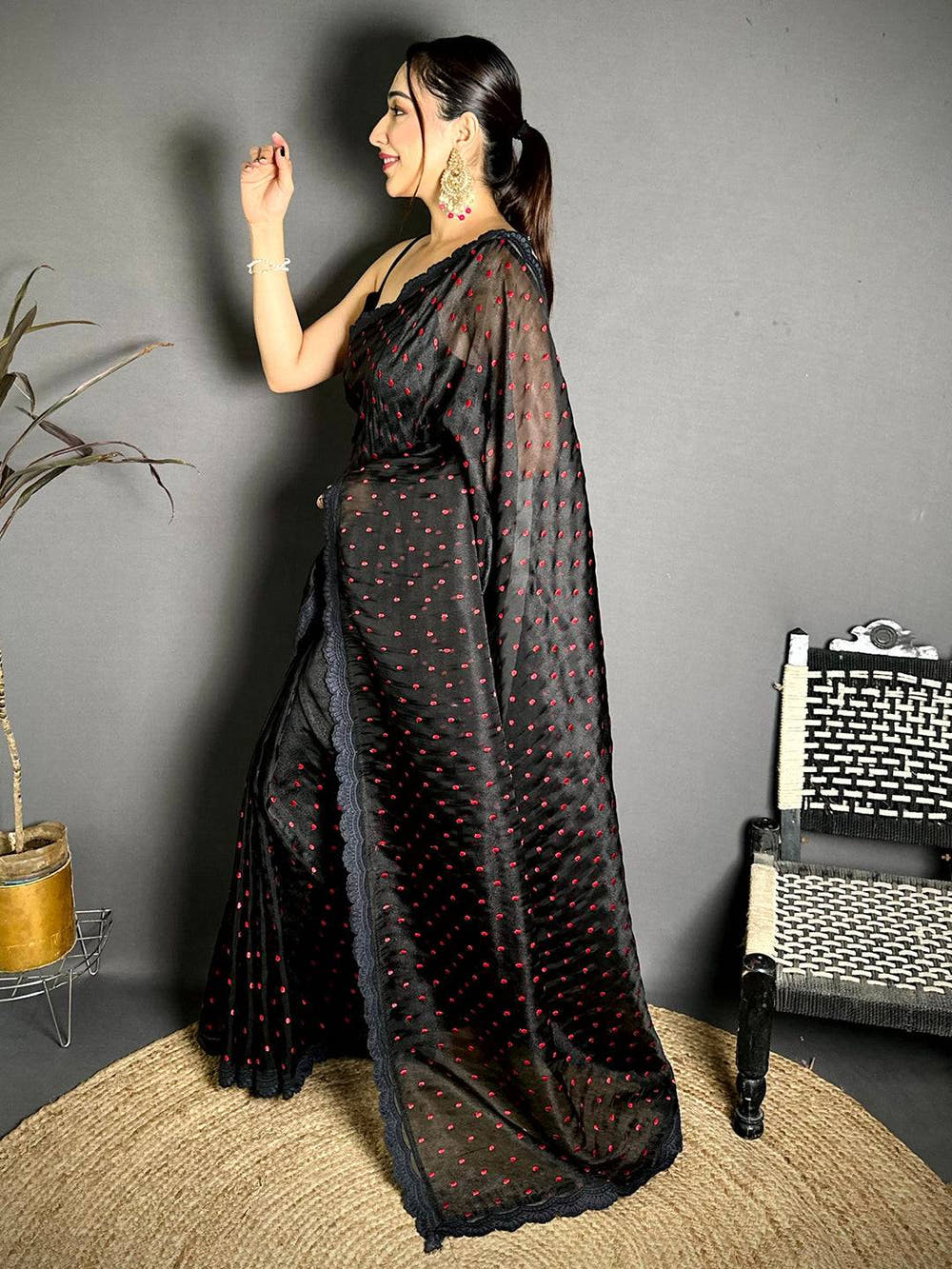 Black Soft Tissue Resham Polka Dot Saree