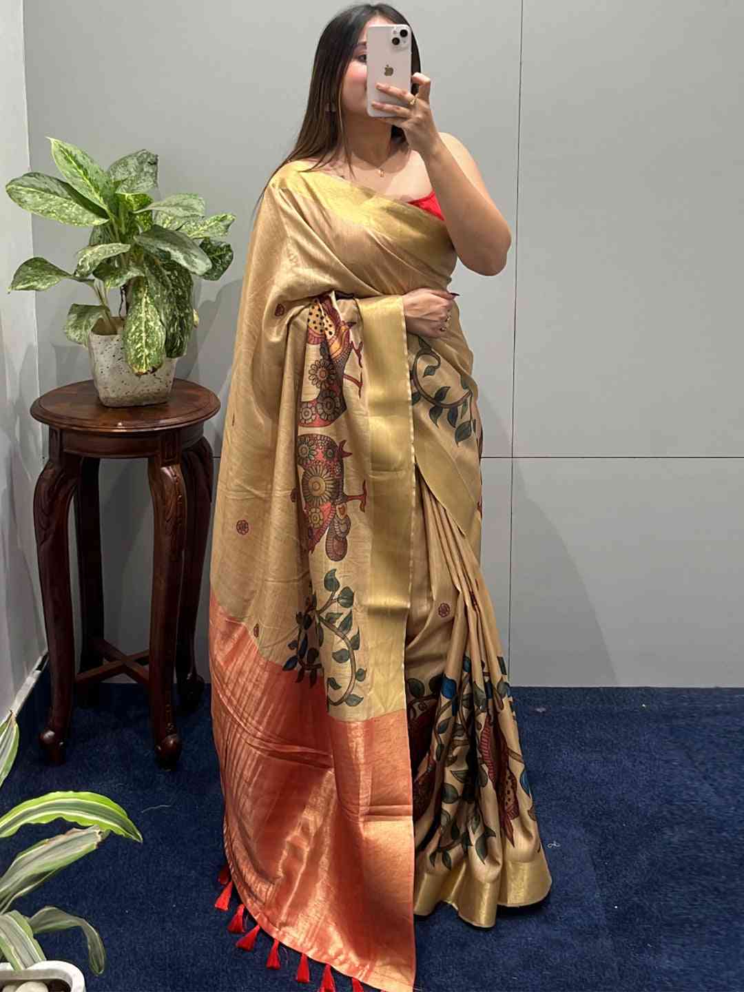 Incredible Pen Kalamkari Linen Tissue Soft Saree