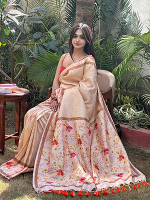 Peach Banarasi Kanjivaram Floral Print Saree