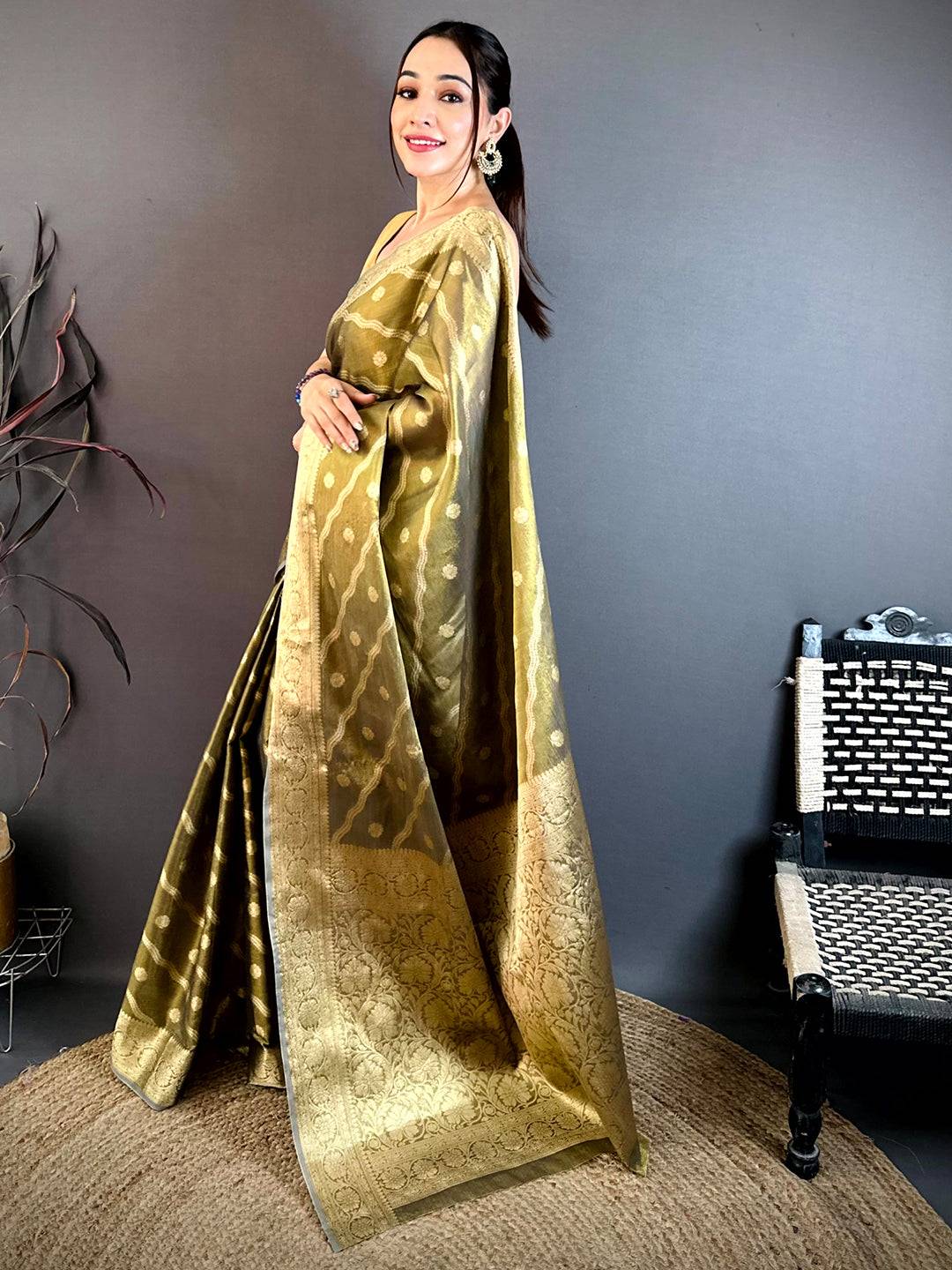 Olive Glass Crush Tissue Leheriya Saree