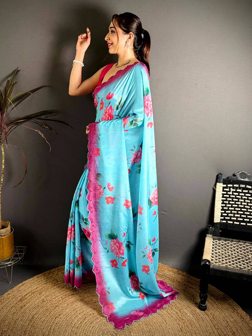 Aqua Chinnon Embroidered Border Saree