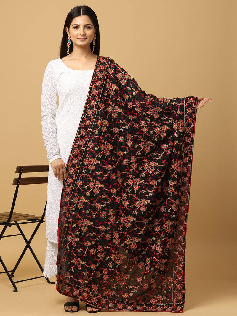 Black Multicolour Floral Jaal Pashmina Dupatta