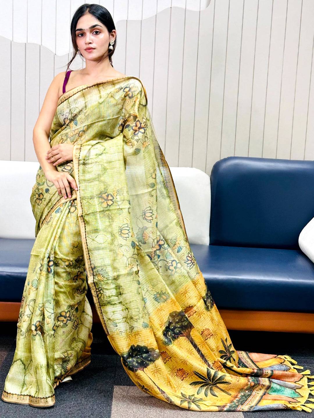 Light Green Kota Doriya Silk Saree With Floral Print