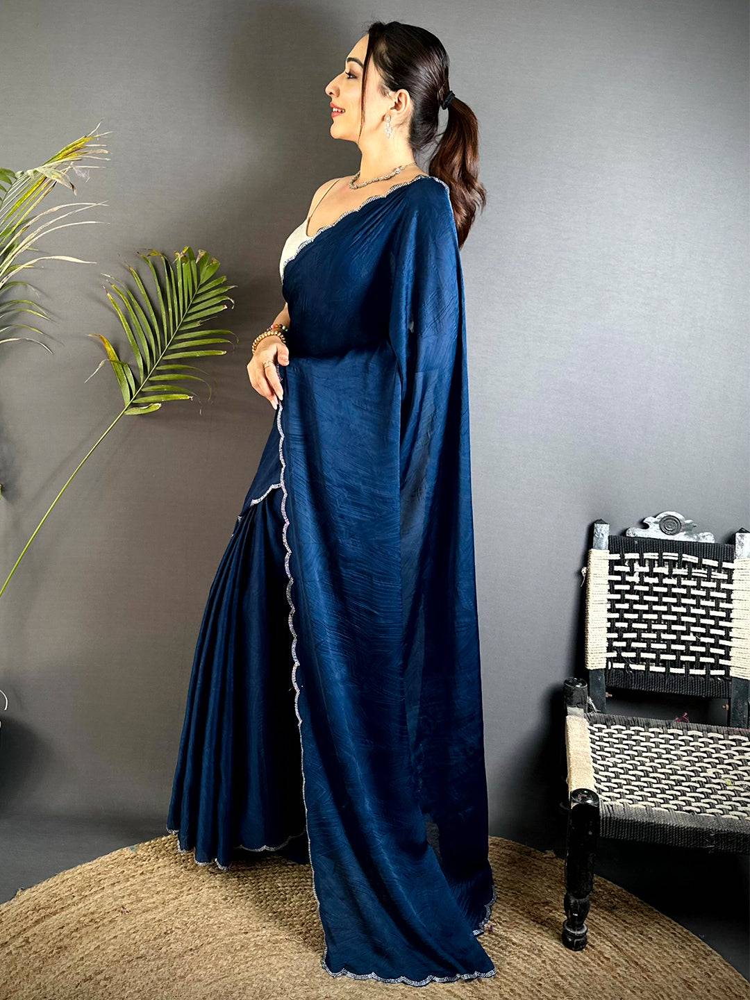 Navy Stone Work Silk Crush Saree