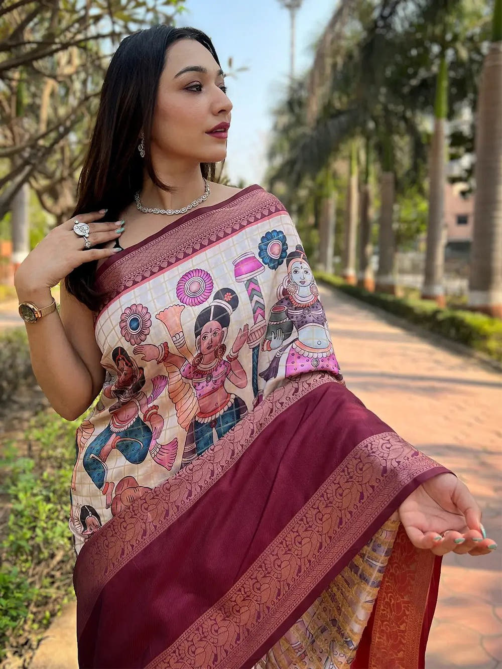 Off White Colour Double Border Chex Weaving Banarasi Soft Silk Saree