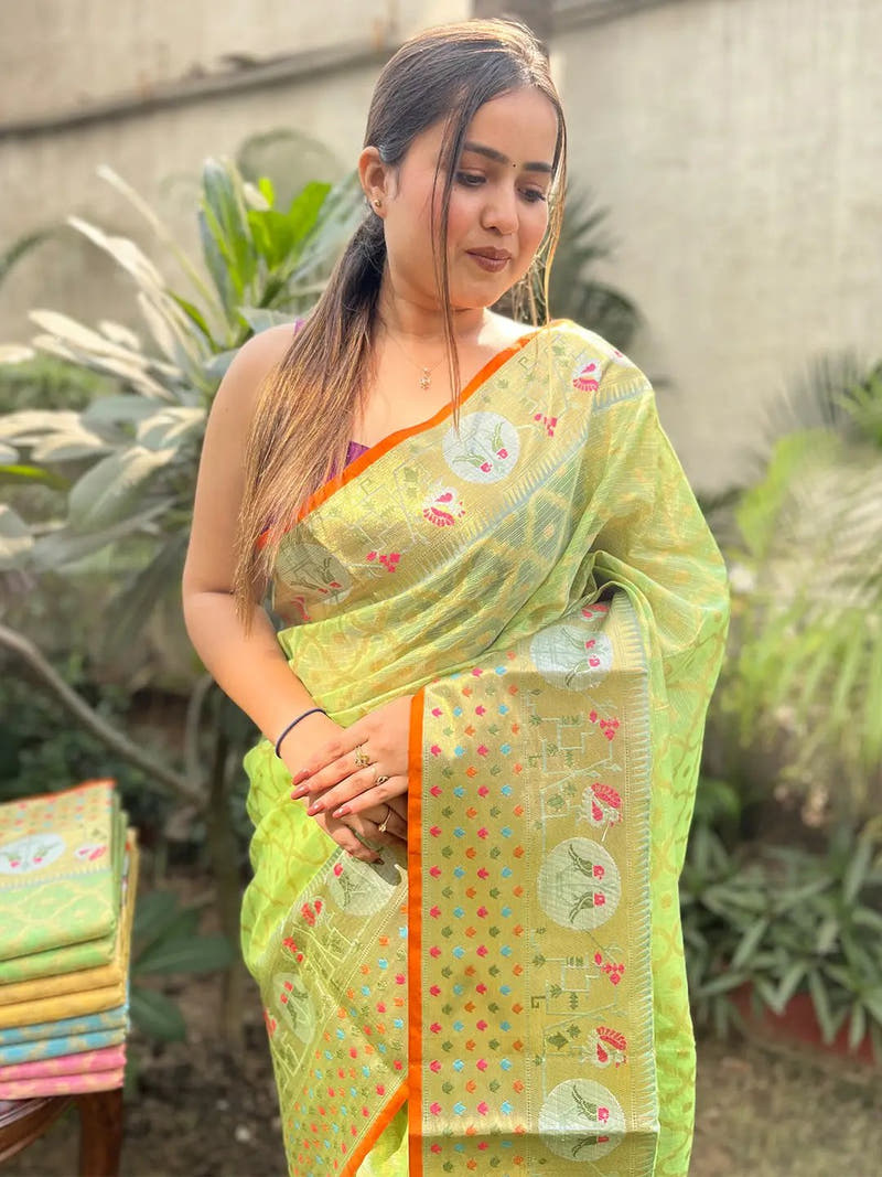 Stunning Kota Doria Soft Silk Minakari Patola Weaving Saree