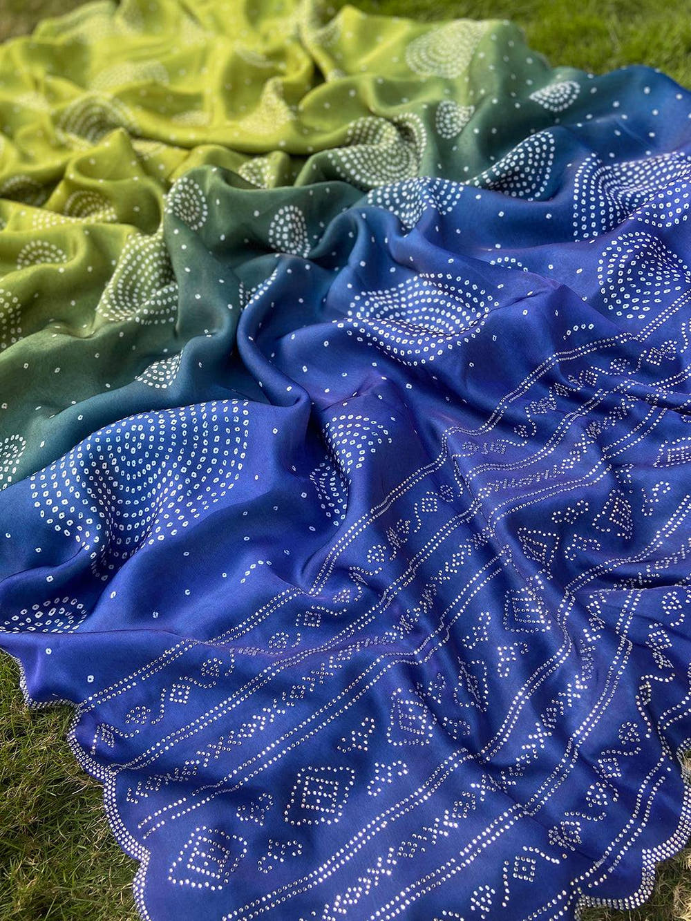 Lime Ombre Bandhej Georgette Silk Saree