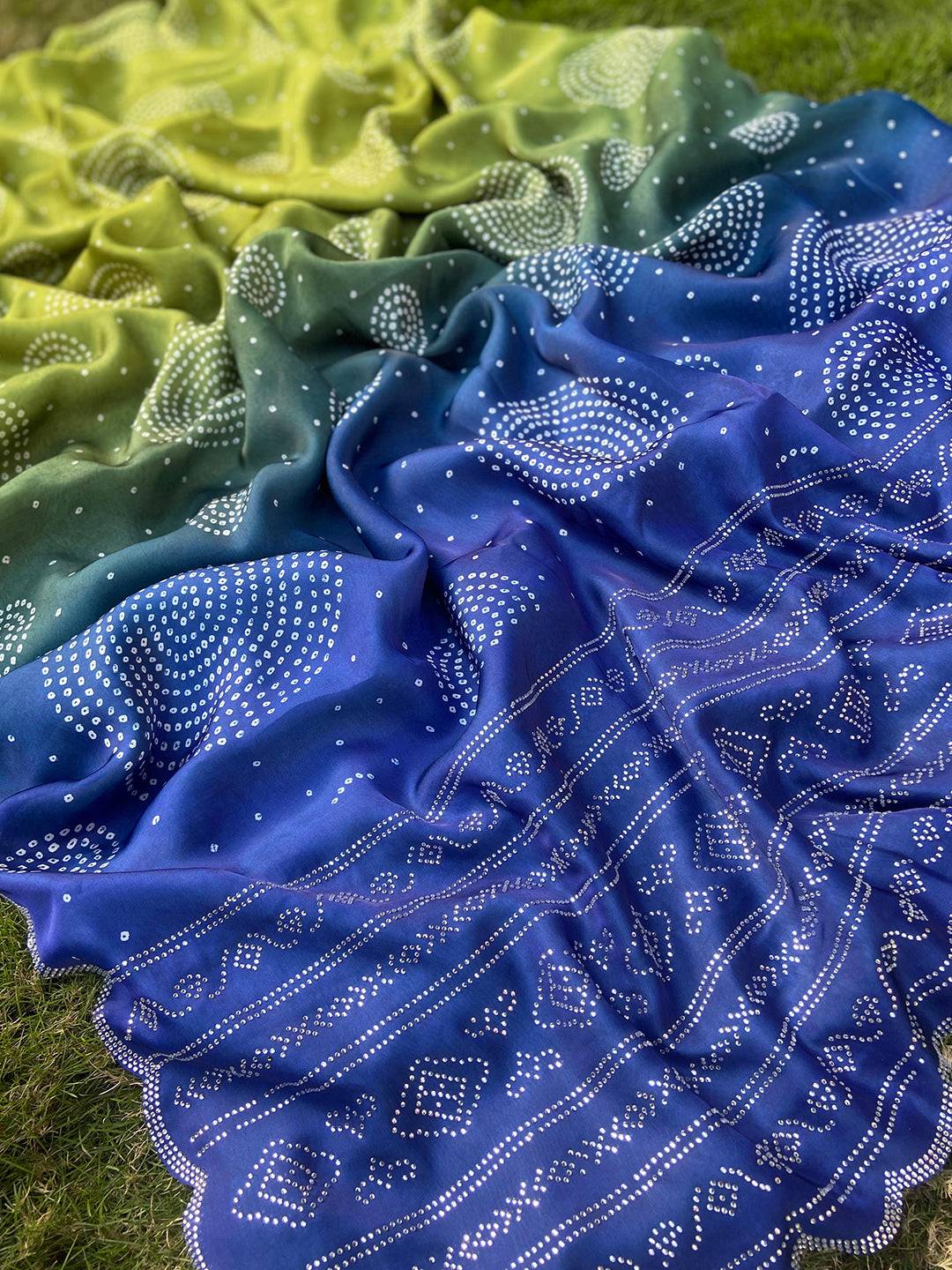 Lime Ombre Bandhej Georgette Silk Saree