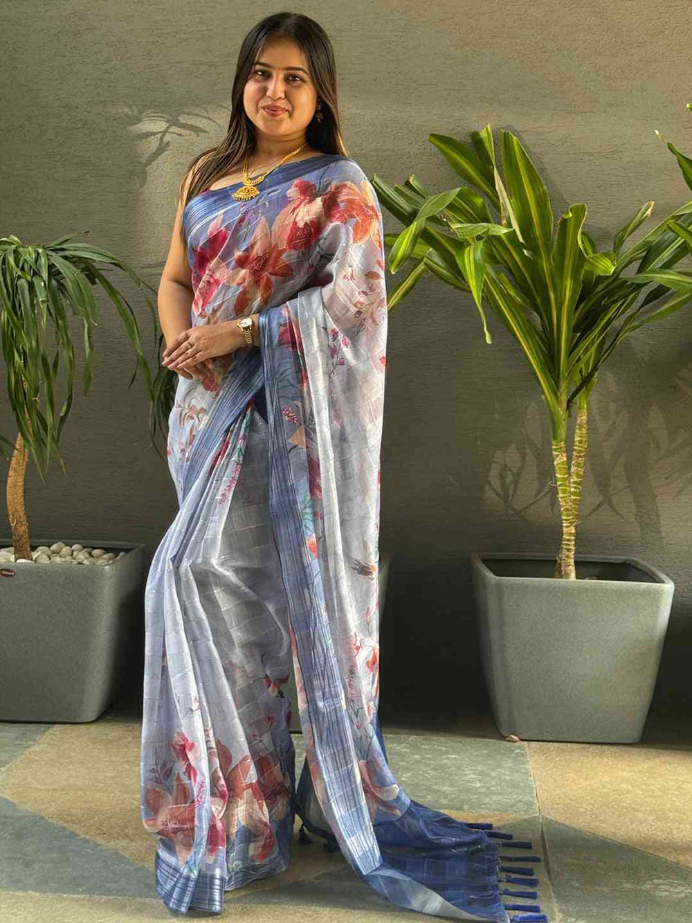 Blue Colour Traditional Self Zari Chex Weaving Floral Print Saree