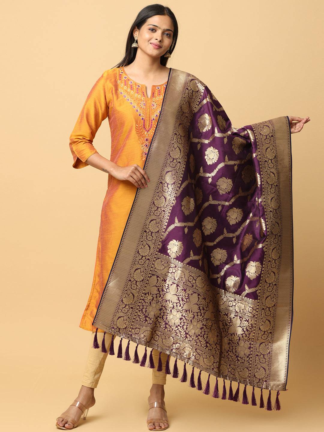 Wine Silk Blend Woven Design Dupatta