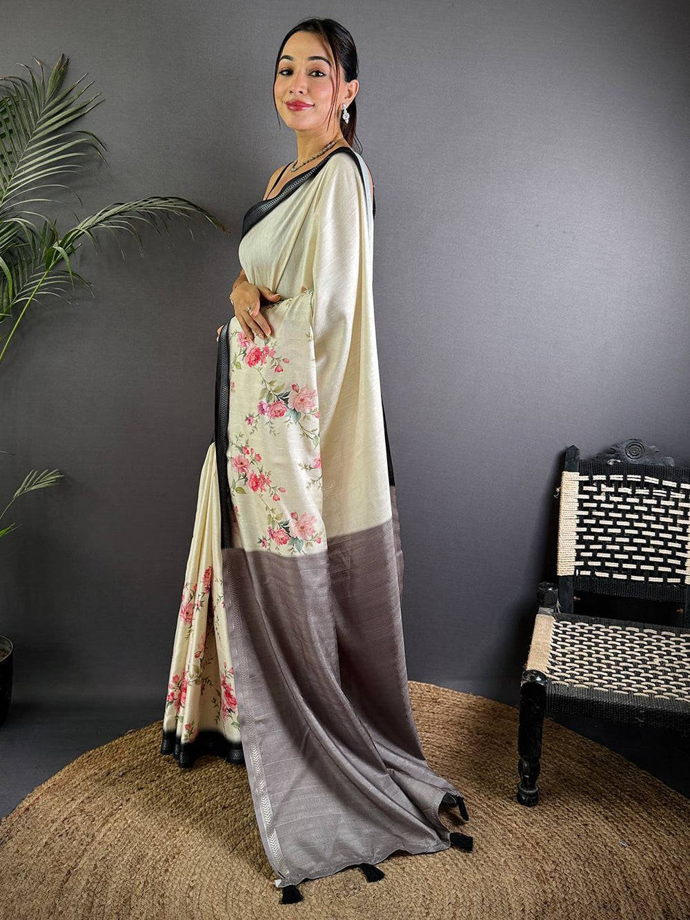 Radiant White Floral Tussar Silk Saree