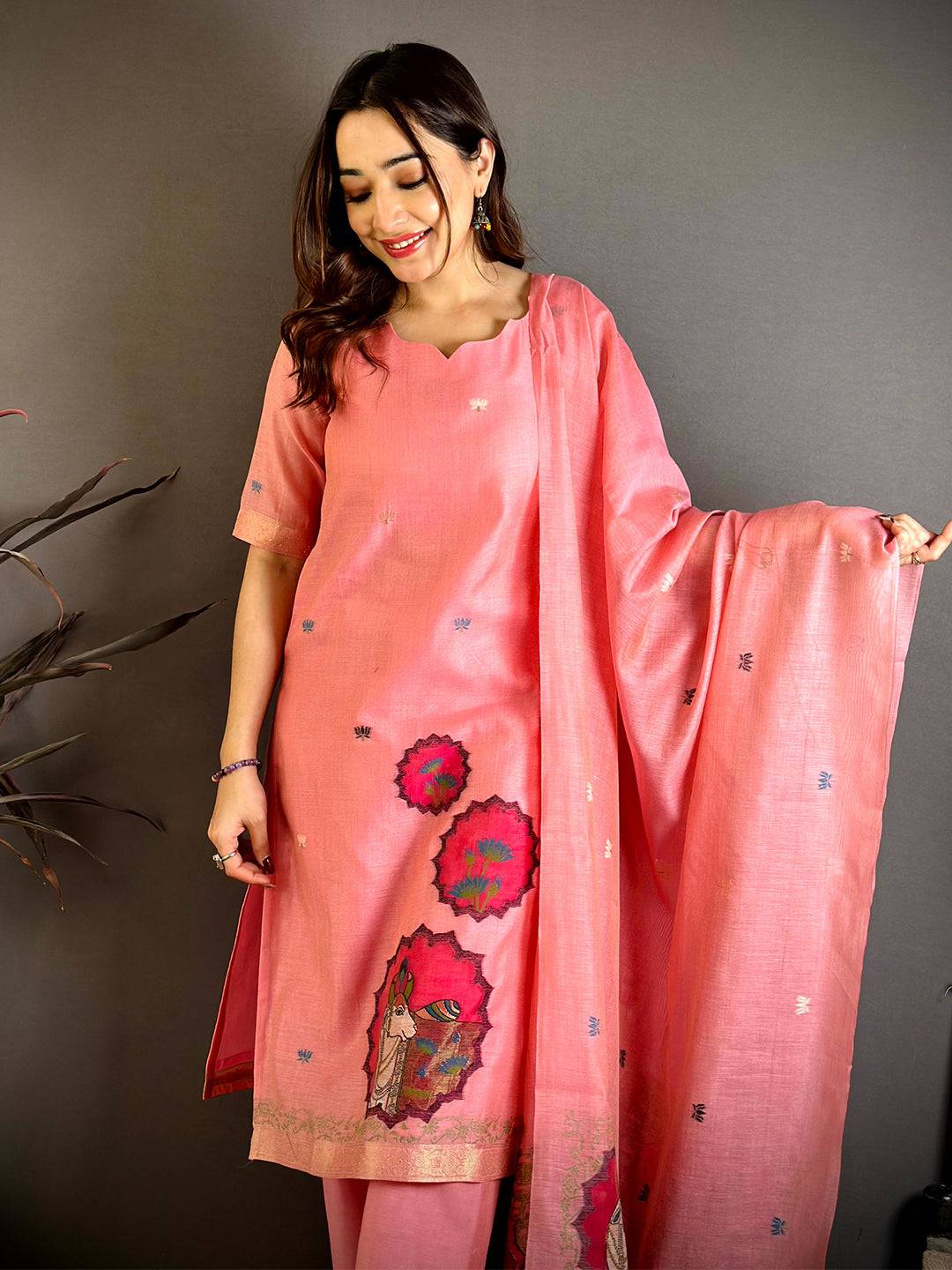 Coral  Pink  Floral  Weave  Dress