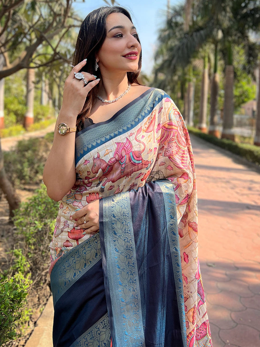 Blue Colour Double Border Chex Weaving Banarasi Soft Silk Saree