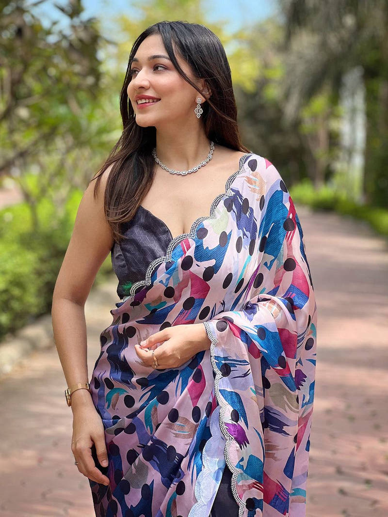Navy Batik And Polka Dots Print Saree